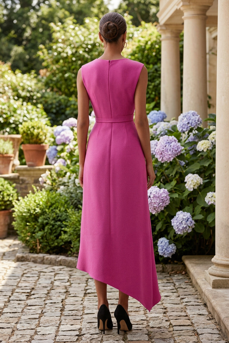 Asymmetric Colorblock Midi Dress with Side Drape