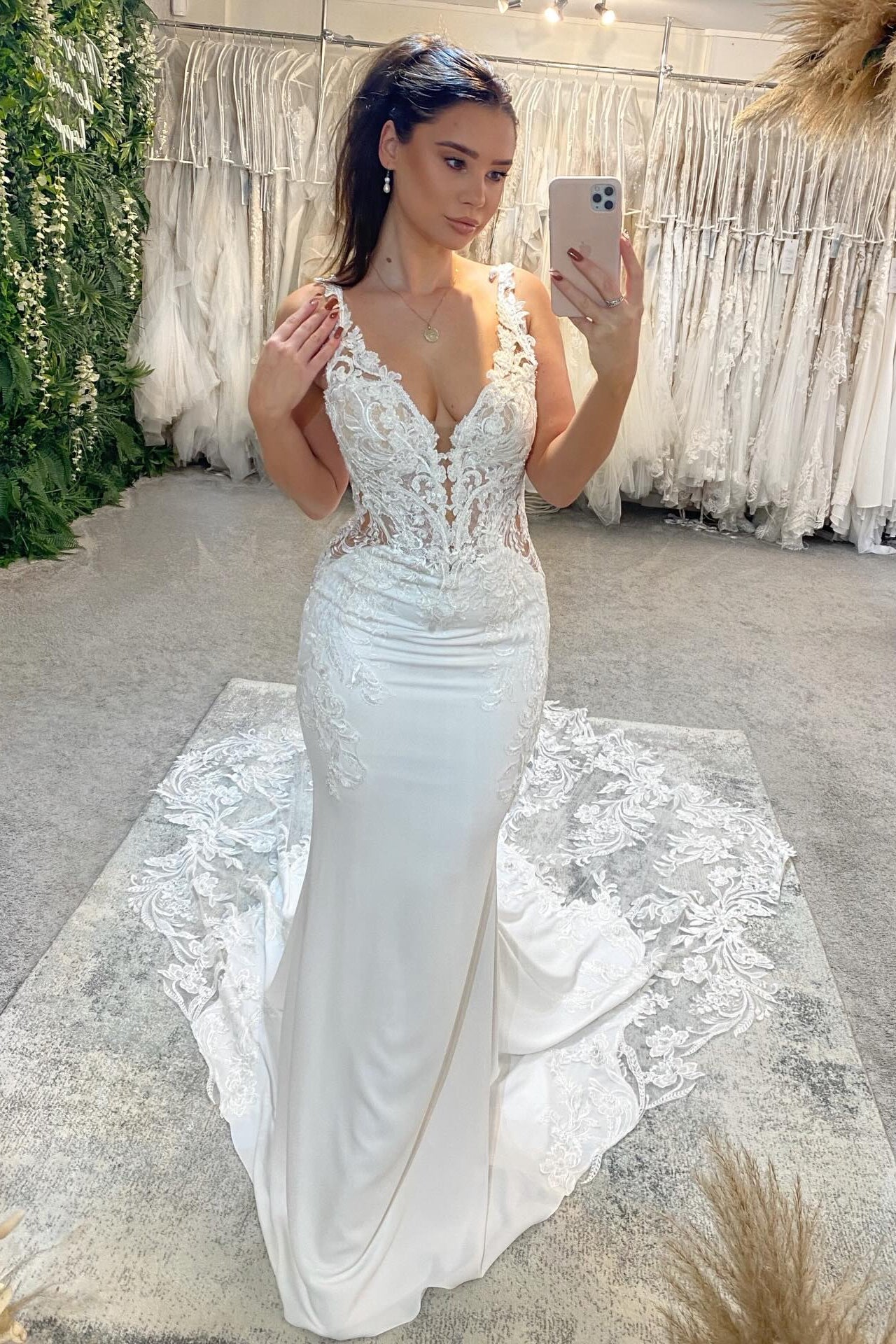 Plunging Deep V-Neck Mermaid Wedding Dress with Lace Train