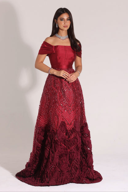 Off-the-Shoulder Beaded Evening Gown with Lace-Up Back