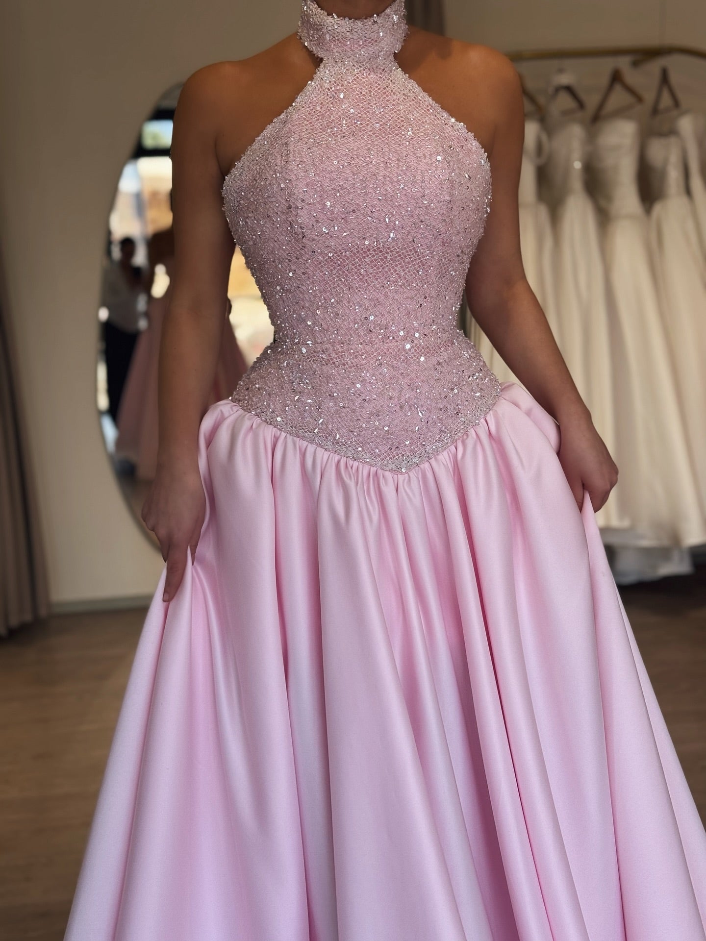 High Neck Beaded Corset Satin Ball Gown