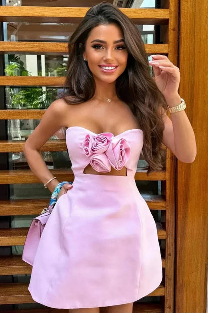 Strapless Cut-Out 3D Flower Satin Mini Dress