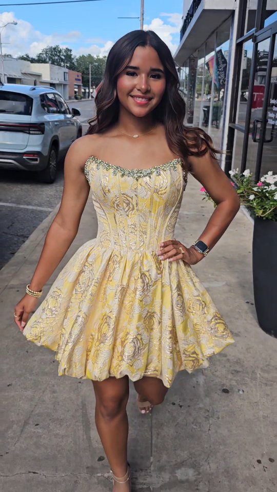 Strapless Jacquard Corset Bubble Mini Dress