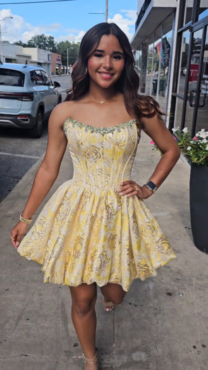 Strapless Jacquard Corset Bubble Mini Dress