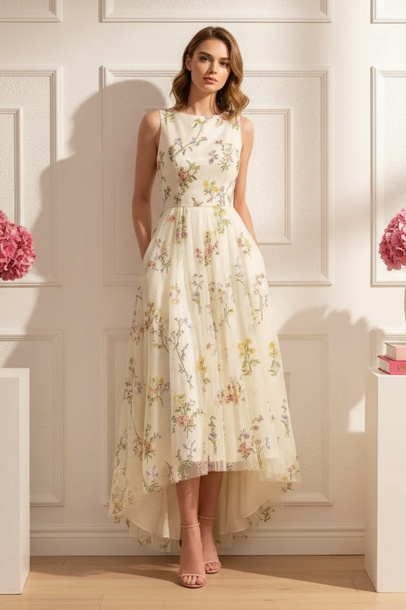 Floral Embroidered High-Low Midi Dress