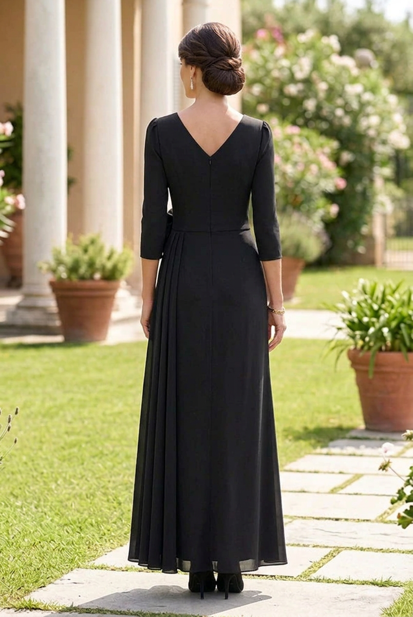 V-Neck Maxi Dress with 3D Flower and Side Drape