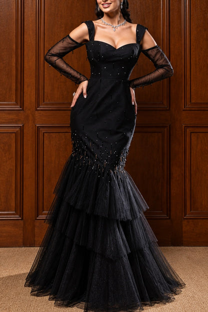 Beaded Mermaid Evening Gown with Tiered Tulle Skirt