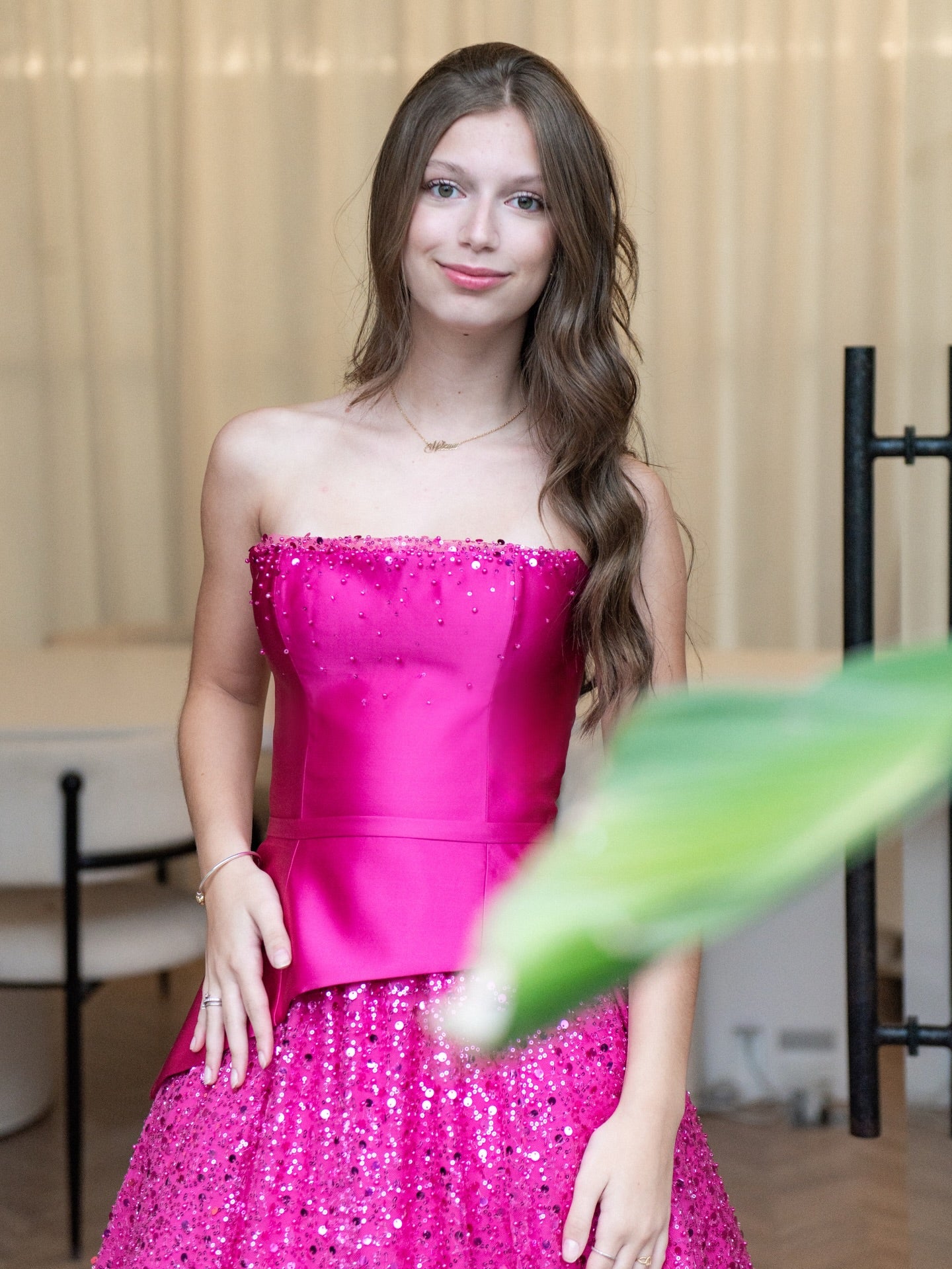 Strapless Peplum Ball Gown with Sequin Skirt