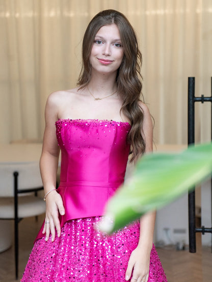 Strapless Peplum Ball Gown with Sequin Skirt