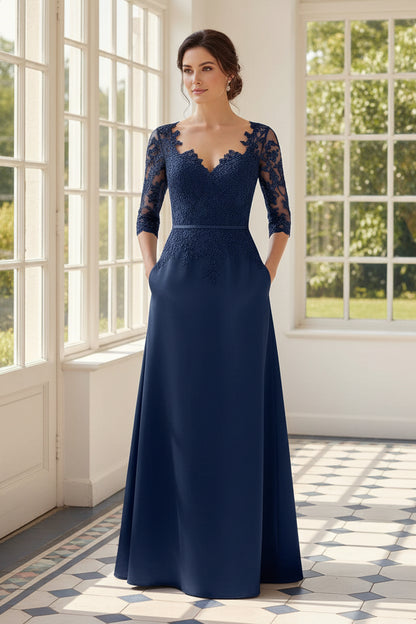Lace 3/4 Sleeve A-Line Satin Formal Gown with Pockets