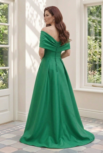 Off-the-Shoulder Pleated Satin A-Line Gown with Pockets