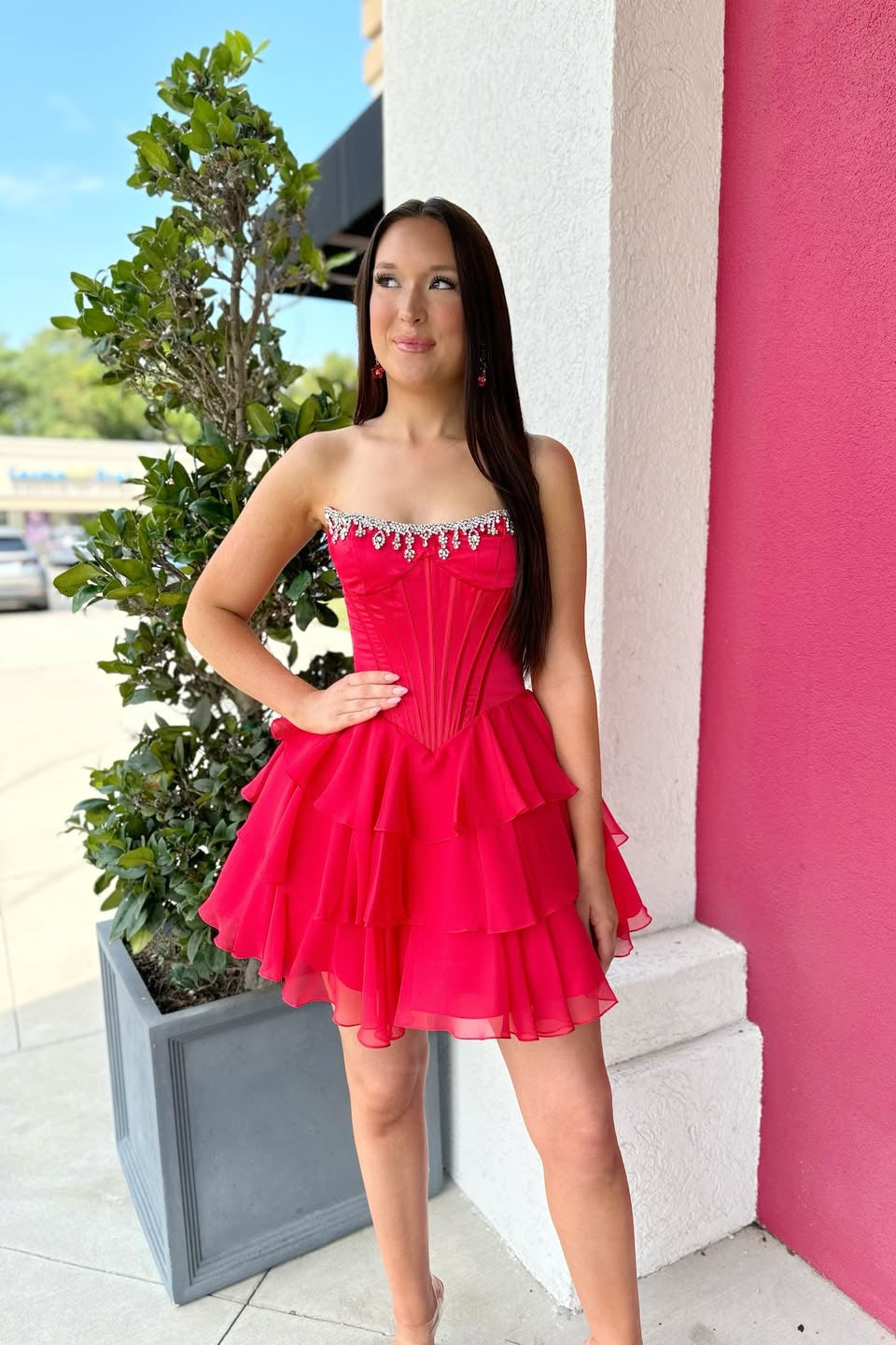 Strapless Rhinestone Corset Tiered Mini Dress