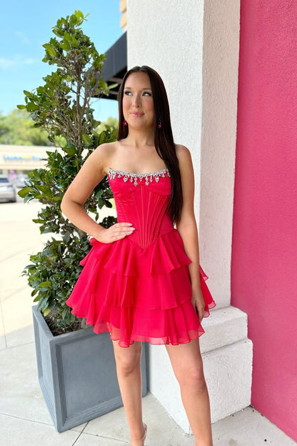 Strapless Rhinestone Corset Tiered Mini Dress