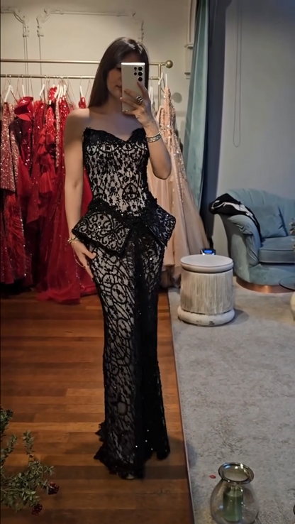Strapless Lace Peplum Gown with Sequin Accents