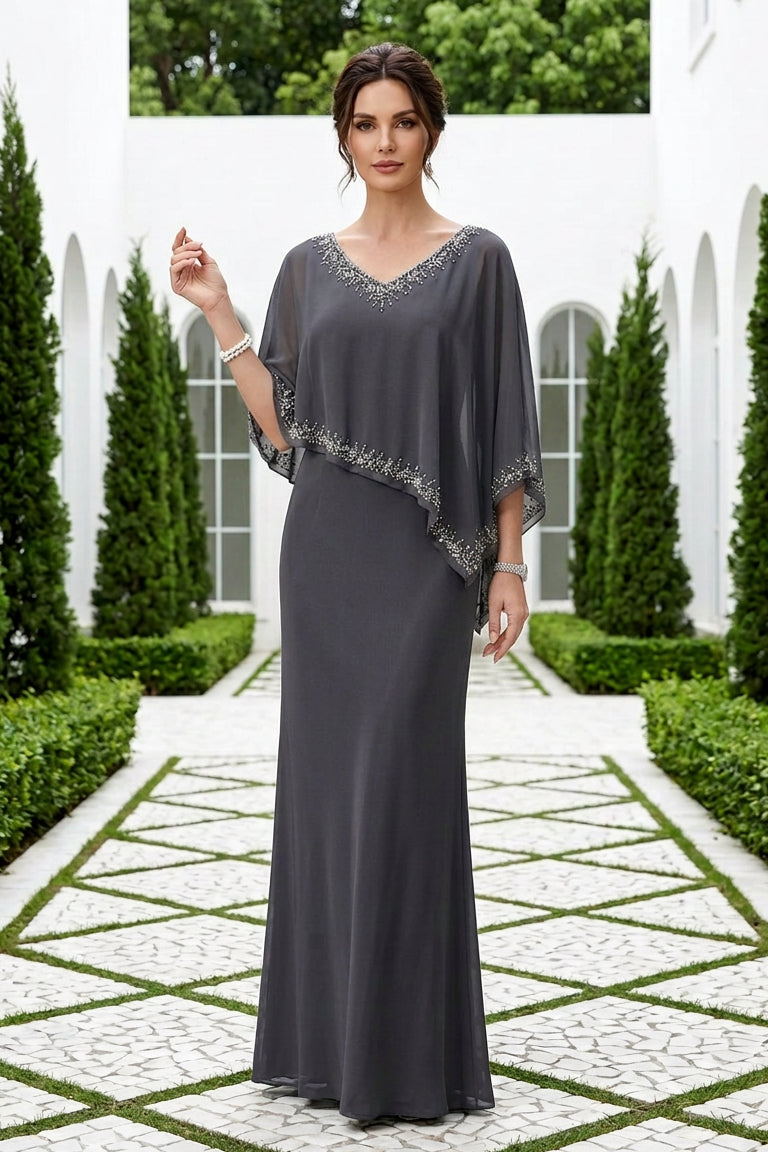 Beaded Capelet Floor-Length Evening Gown