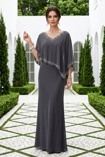 Beaded Capelet Floor-Length Evening Gown