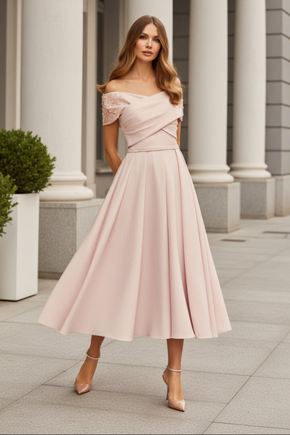 Beaded Off-the-Shoulder A-Line Midi Dress