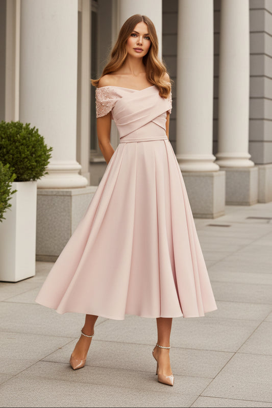 Beaded Off-the-Shoulder A-Line Midi Dress