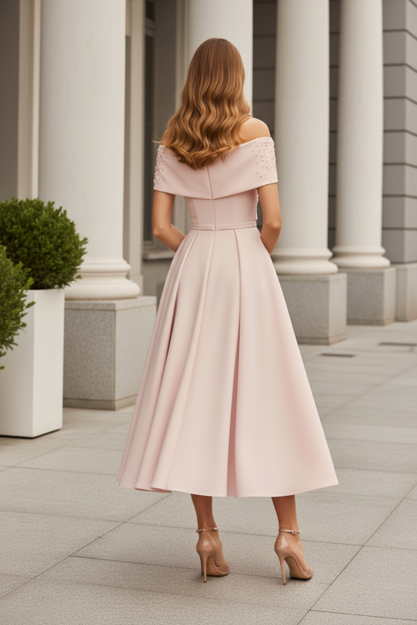Beaded Off-the-Shoulder A-Line Midi Dress