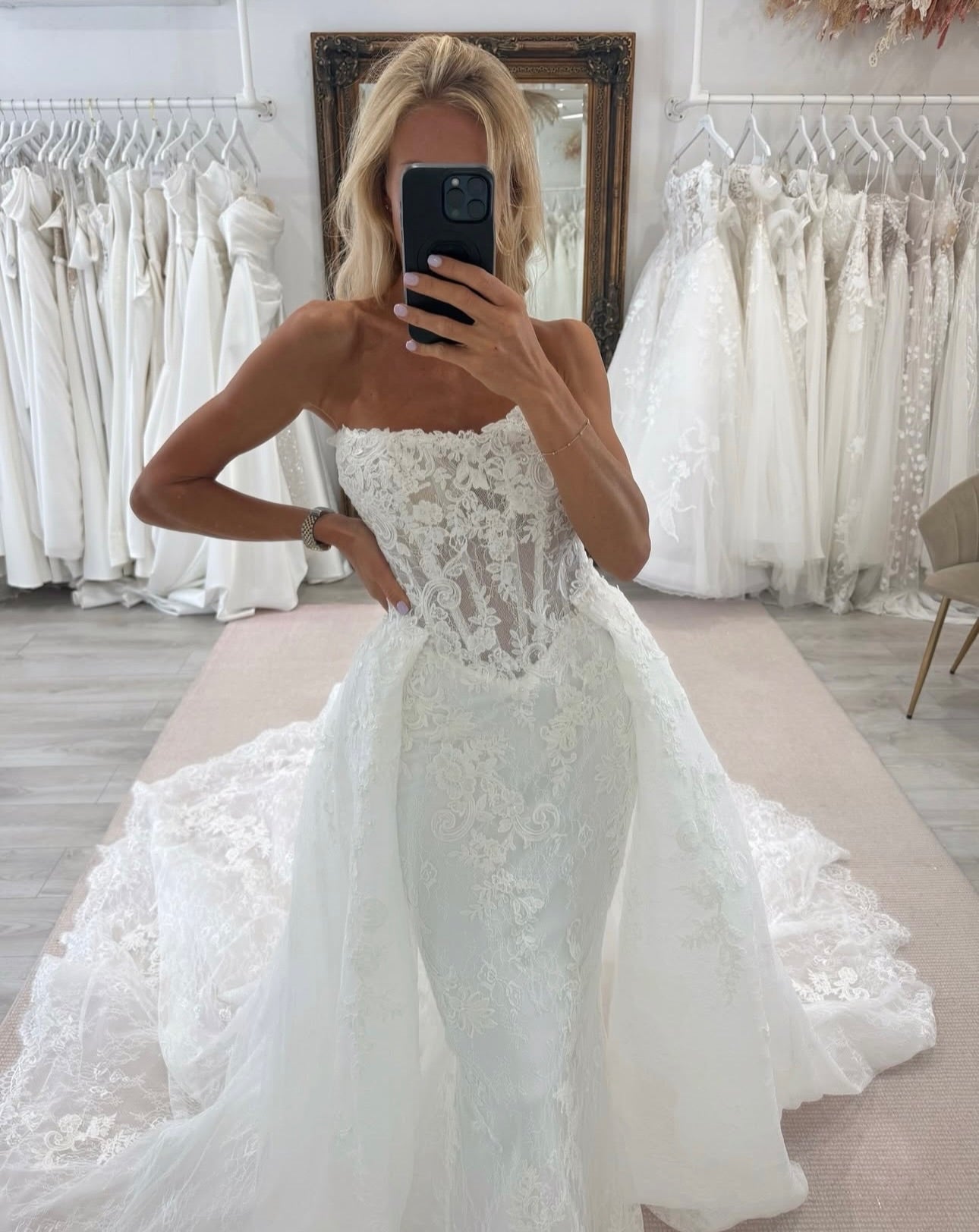 Strapless Lace Mermaid Wedding Dress with Overskirt