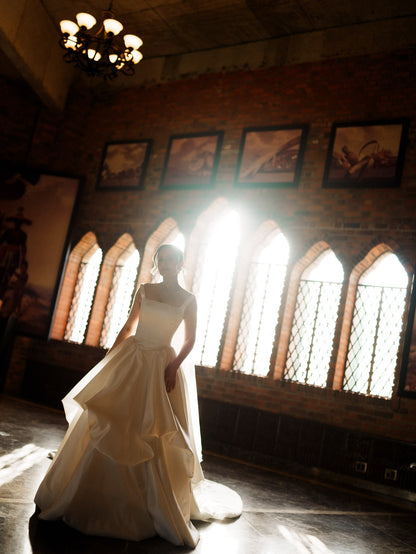 Satin Ball Gown with Tiered Skirt Cathedral Train Wedding Dress