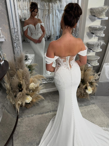 Off-the-Shoulder Mermaid Wedding Dress with Lace Train