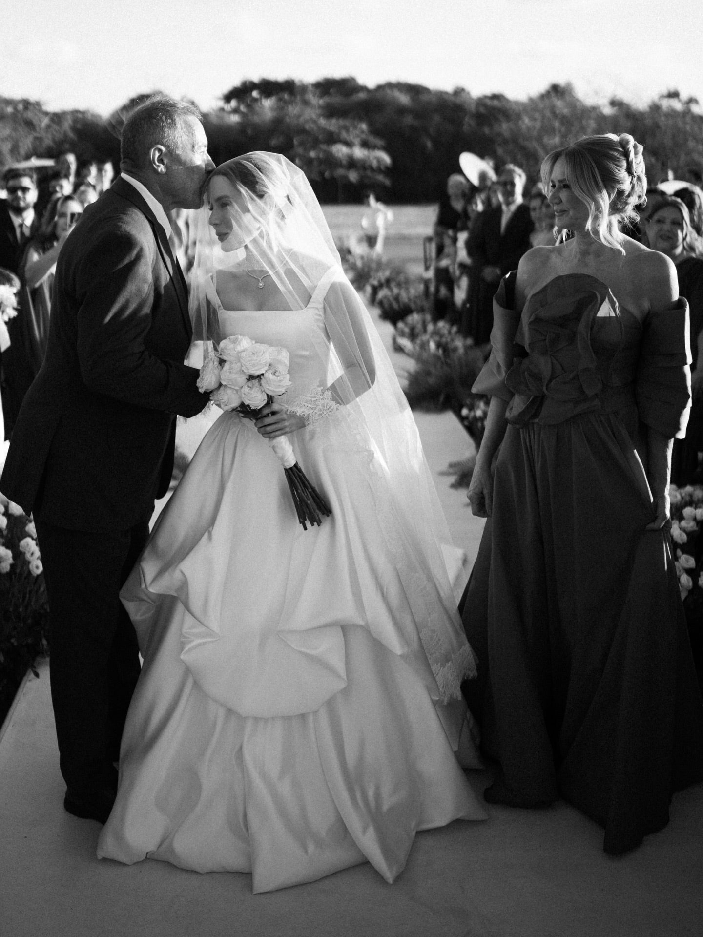 Satin Ball Gown with Tiered Skirt Cathedral Train Wedding Dress