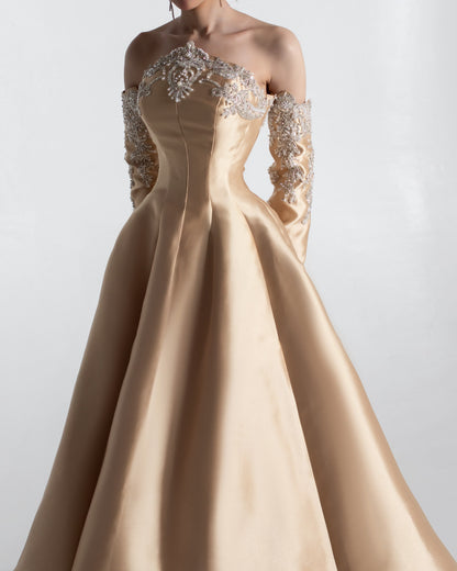 Beaded Off-Shoulder Ball Gown with Sleeves