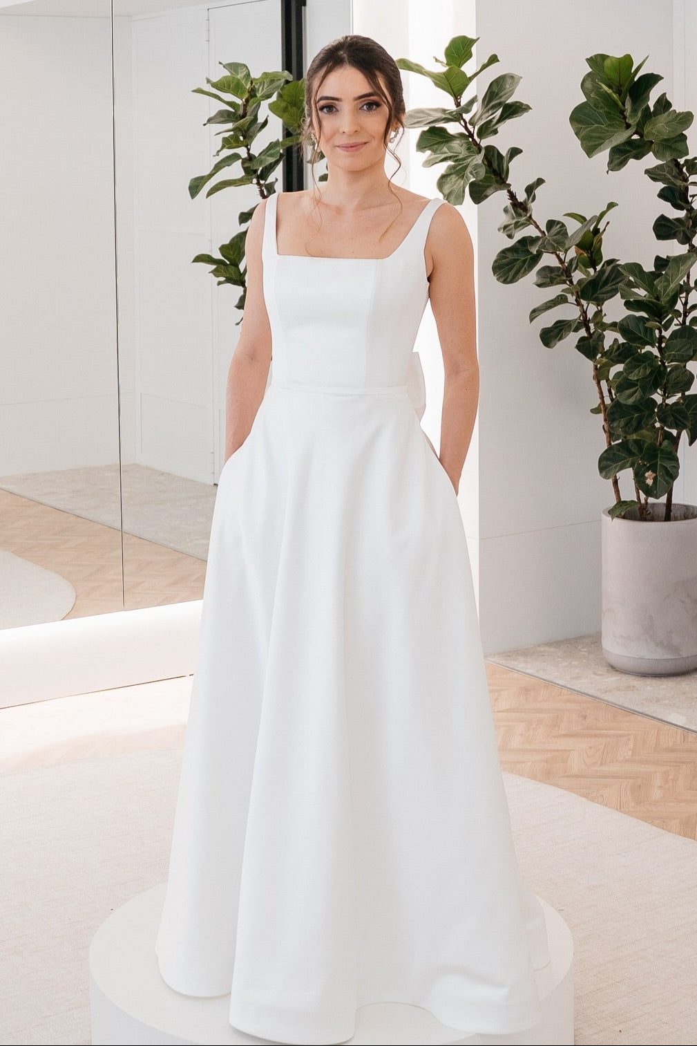 Square Neck A-Line Wedding Dress with Back Bow