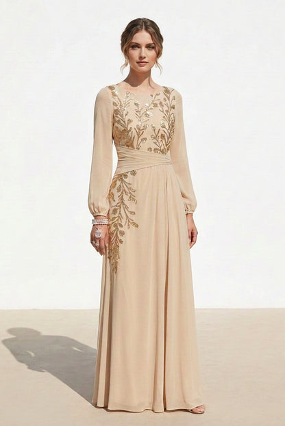 Embroidered Long Sleeve A-Line Evening Gown