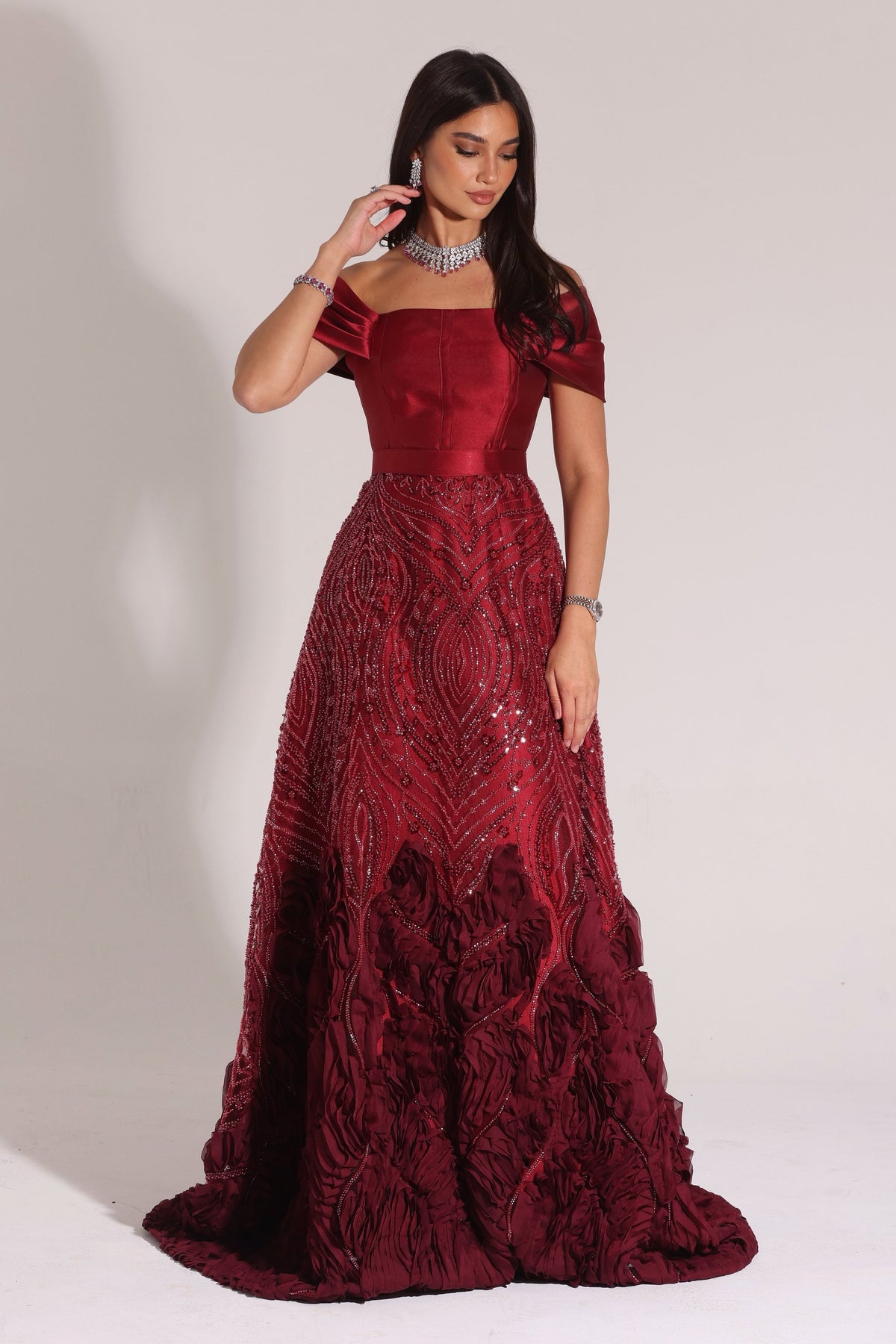 Off-the-Shoulder Beaded Evening Gown with Lace-Up Back