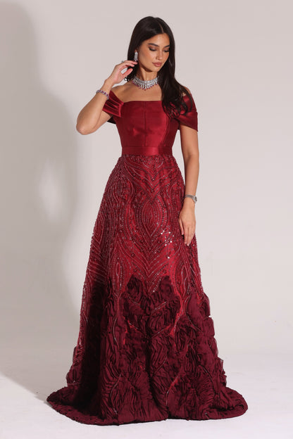 Off-the-Shoulder Beaded Evening Gown with Lace-Up Back