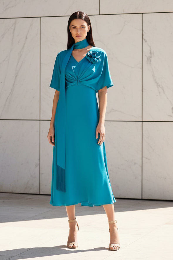 Midi Dress with Cape Shawl & Floral Detail