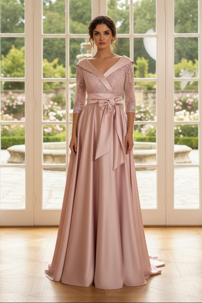 Lace and Satin A-Line Evening Gown with Pockets