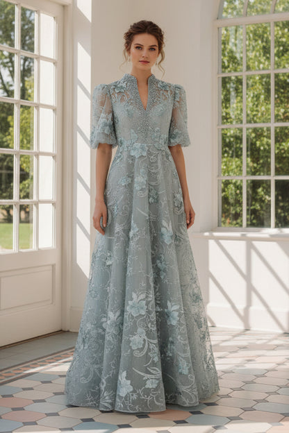 Floral Applique A-Line Formal Gown with Elbow Sleeves