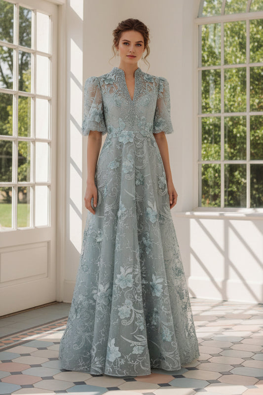 Floral Applique A-Line Formal Gown with Elbow Sleeves