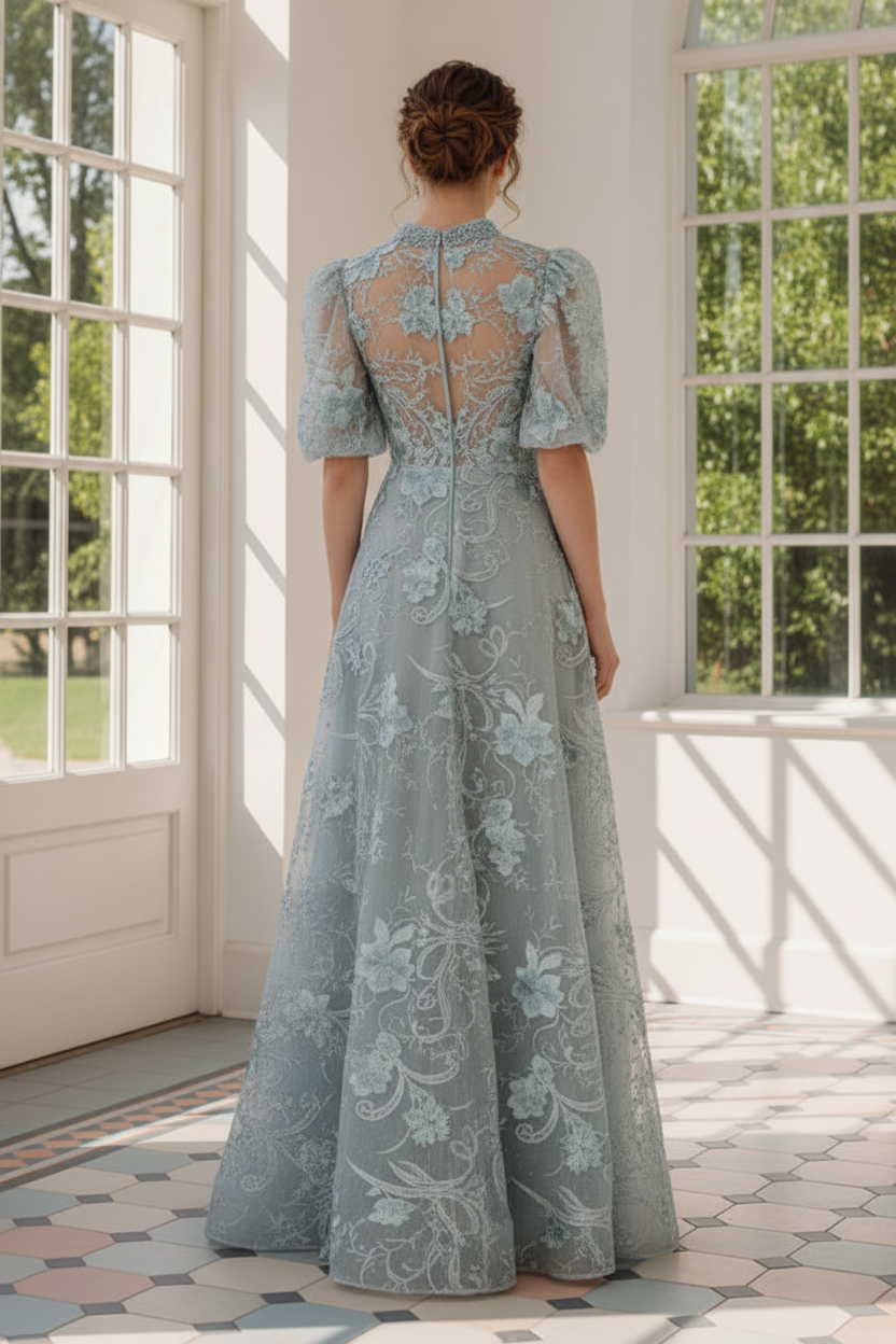 Floral Applique A-Line Formal Gown with Elbow Sleeves
