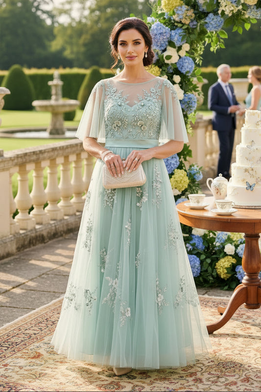 Floral Embroidered Illusion Cape Sleeve Tulle Gown