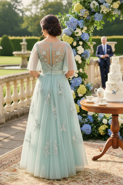 Floral Embroidered Illusion Cape Sleeve Tulle Gown