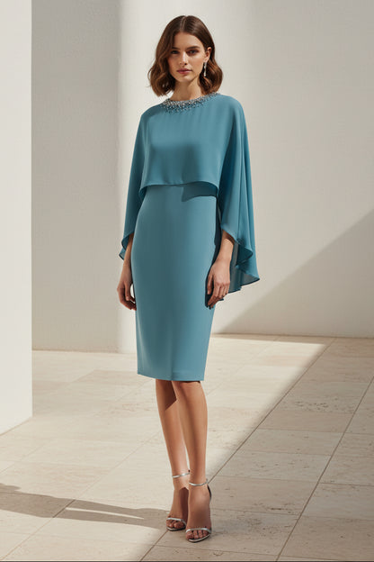 Beaded Neckline Sheath Dress with Cape Overlay