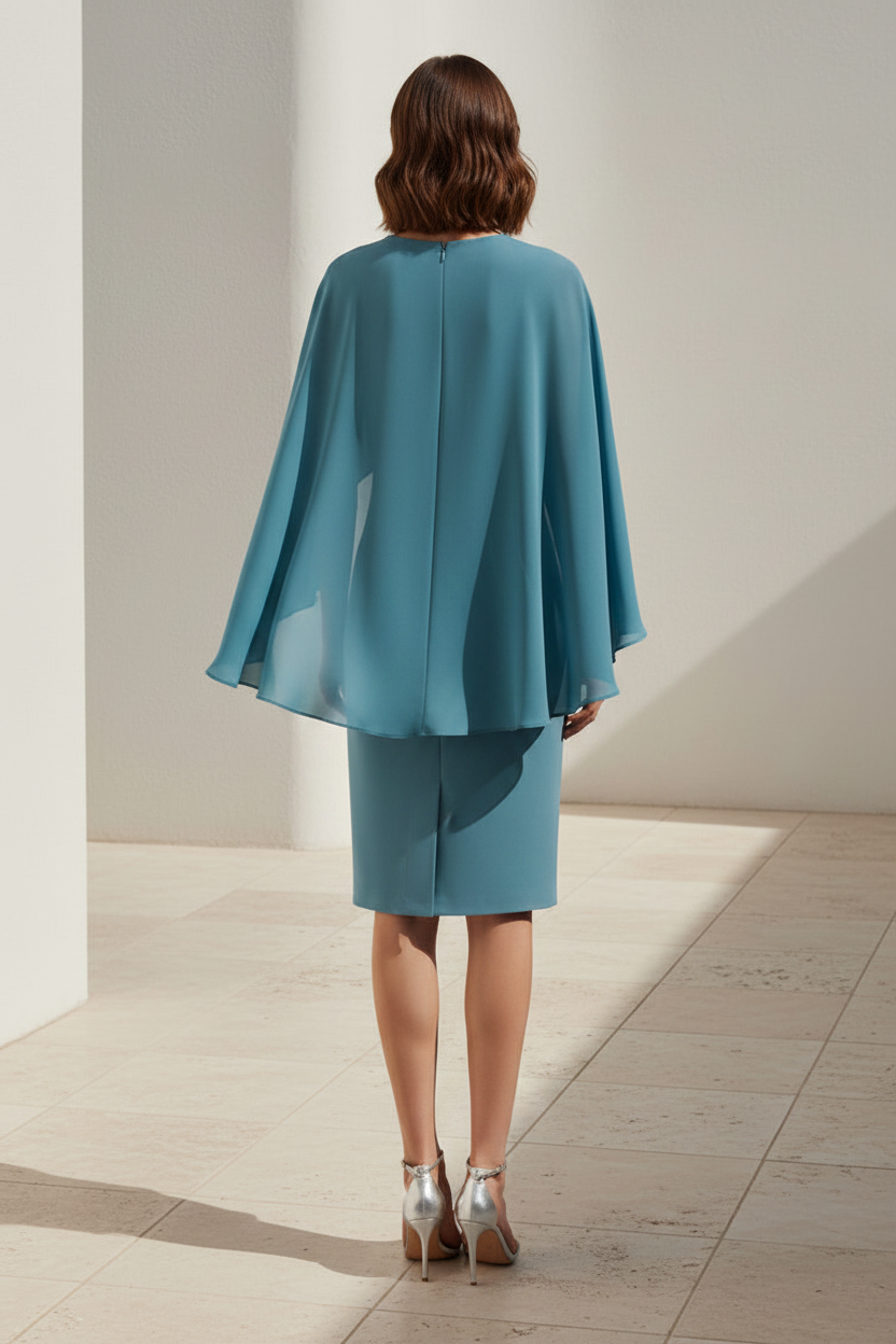 Beaded Neckline Sheath Dress with Cape Overlay
