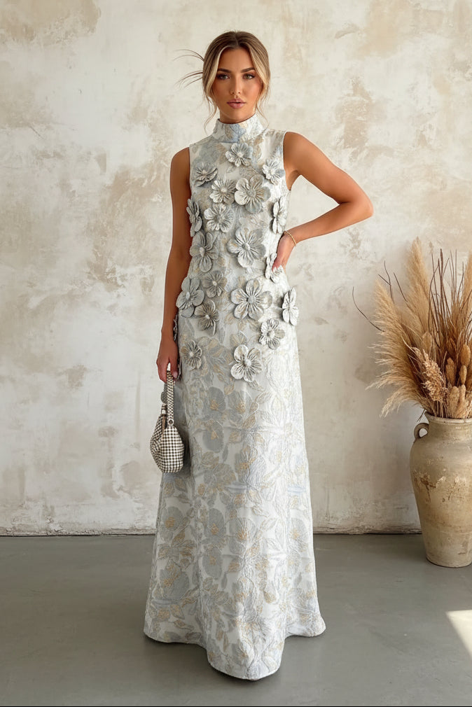 High Neck Jacquard Maxi Dress with 3D Flowers