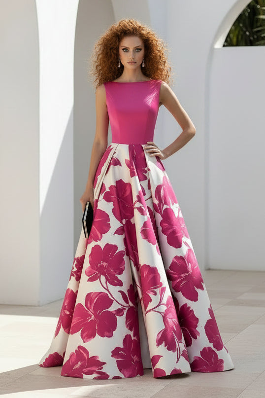 Sleeveless Floral Print A-Line Evening Gown
