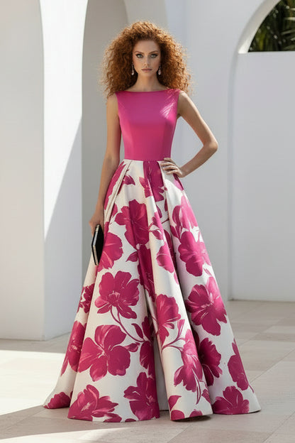 Sleeveless Floral Print A-Line Evening Gown