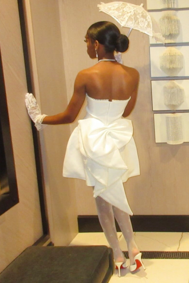 Strapless Pearl Trim Satin Mini Dress with Back Bow