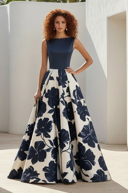 Sleeveless Floral Print A-Line Evening Gown