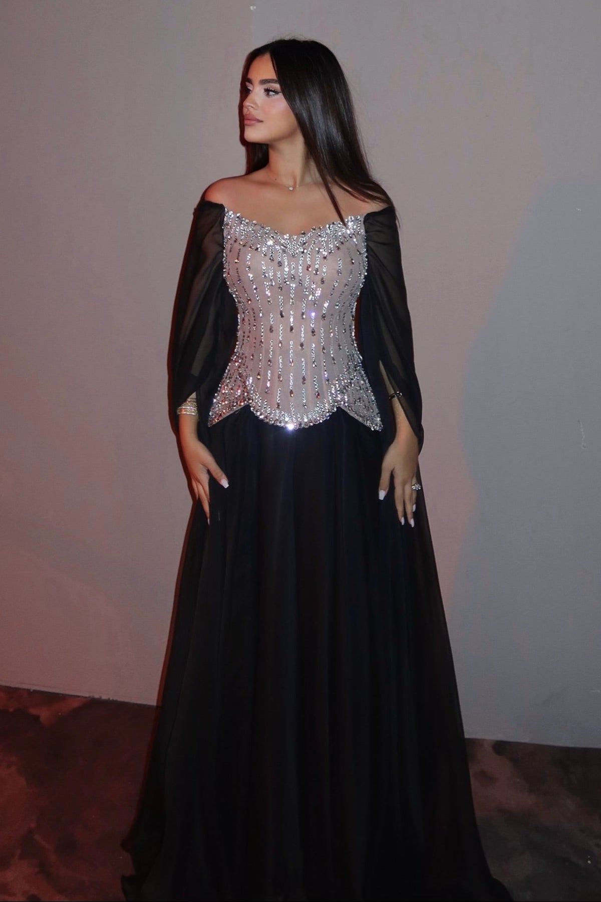 Embellished Corset Evening Gown with Cape Sleeves