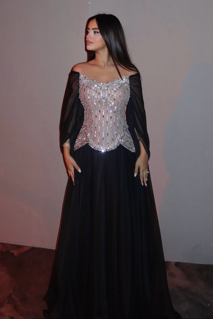Embellished Corset Evening Gown with Cape Sleeves