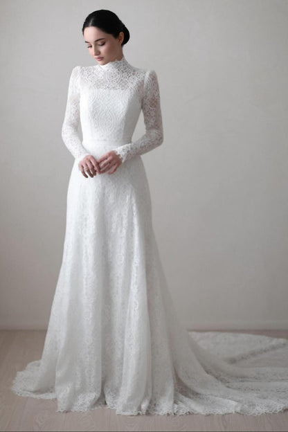 High Neck Lace Long Sleeve A-Line Wedding Dress