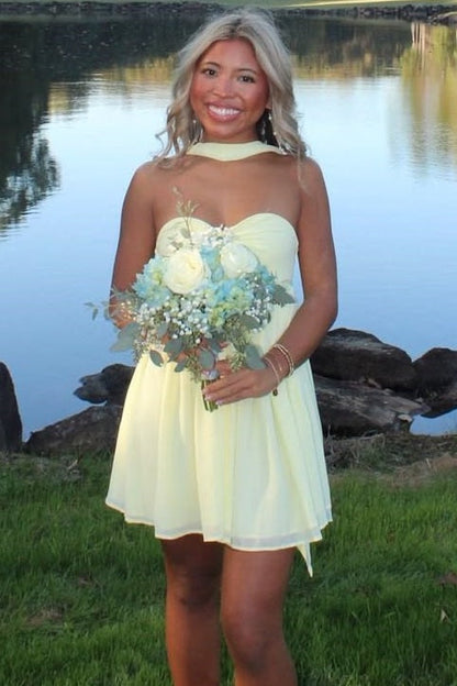 Strapless Chiffon Sweetheart Mini Dress with Neck Sash
