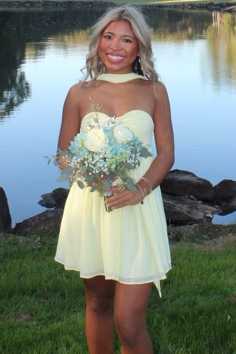 Strapless Chiffon Sweetheart Mini Dress with Neck Sash